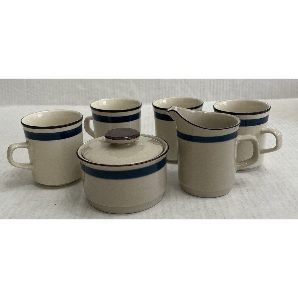 Stoneware Japan Sugar Bowl & Creamer, 4 Mugs Biege Blue Brown Stripes
